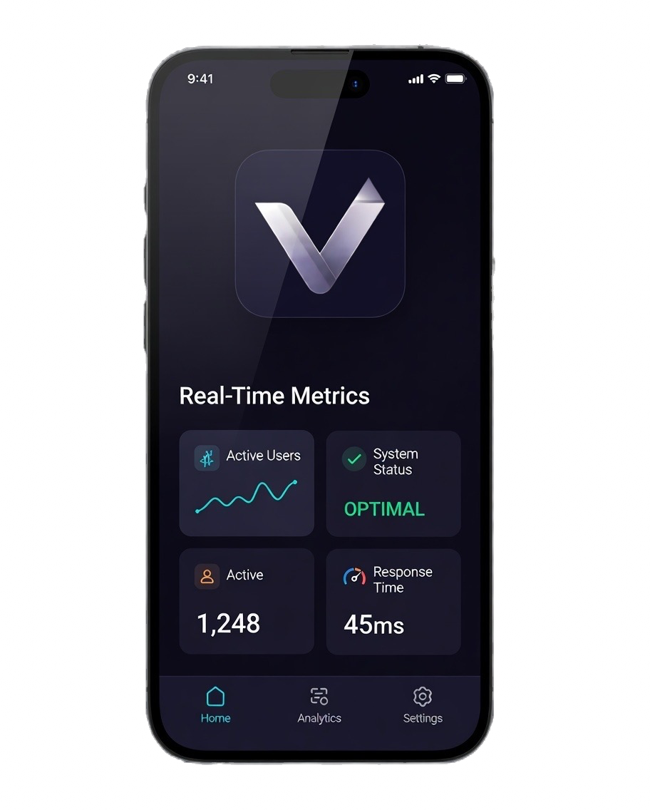 Concepto visual de una aplicación Vivacore con indicadores y estado de la operación